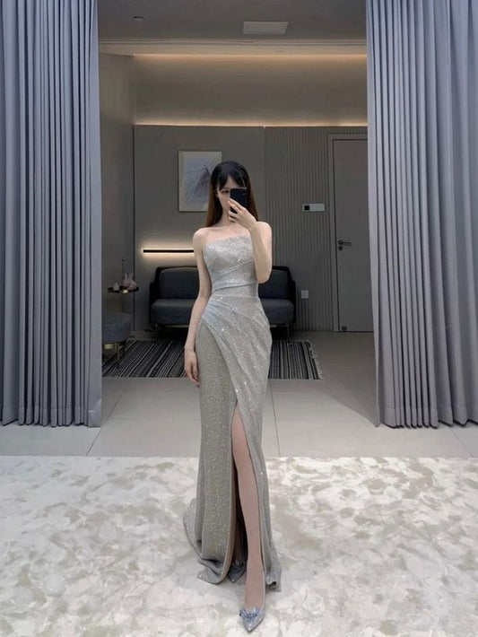 Pretty Sheath Strapless Neckline Sleeveless Party Dress Silver Sequin Prom Dresses P2324