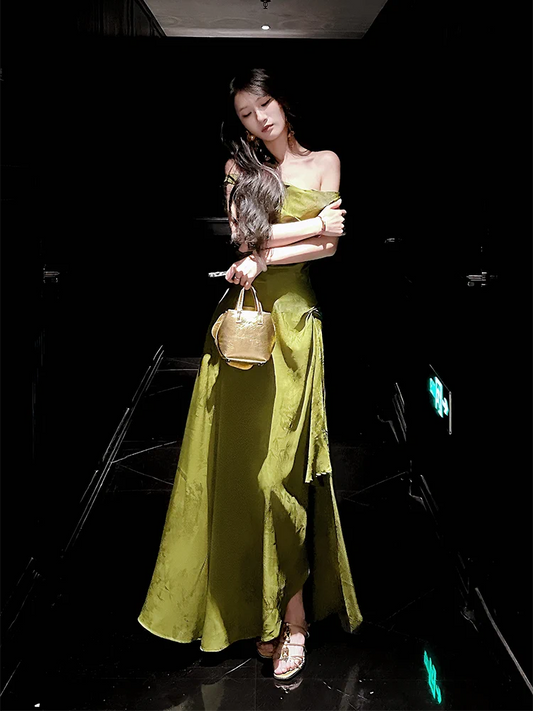 Pretty A line Off The Shoulder Satin Green Long Prom Dresses Satin Evening Gowns P2351