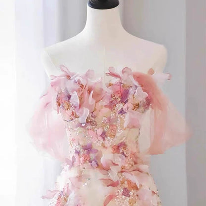 Sexy A Line Off The Shoulder Pink Tulle Floor Length Floral Prom Dresses P2395