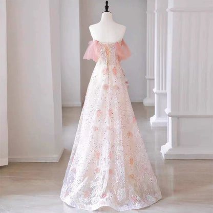 Sexy A Line Off The Shoulder Pink Tulle Floor Length Floral Prom Dresses P2395
