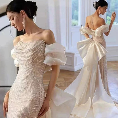Sexy Mermaid Off The Shoulder Cap Sleeves Sequin Floor Length Pearls Prom Dresses P2398