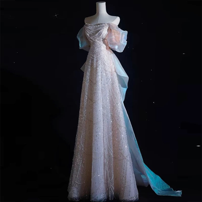 Modest A line Off The Shoulder Pink Sequin Long Floor Length Pearls Prom Dresses P2404