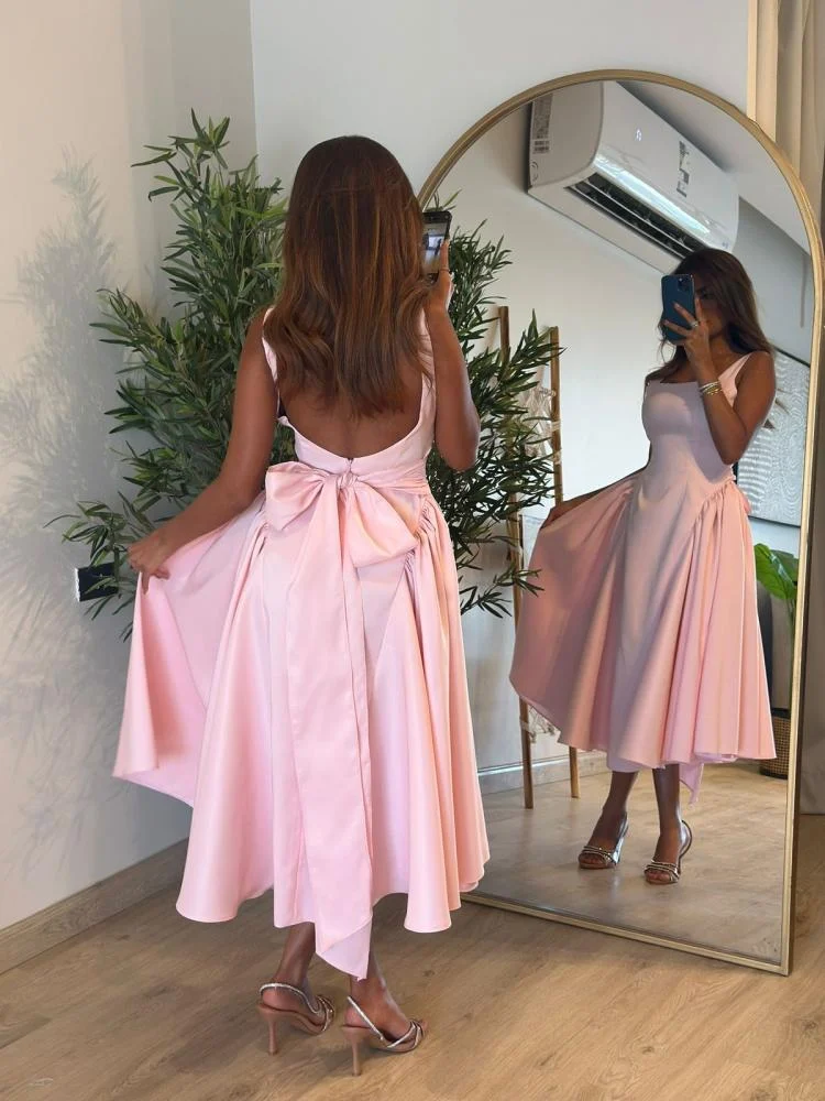 Cute A line Straps Pink Satin Tea Length Prom Dress With Bow P2416