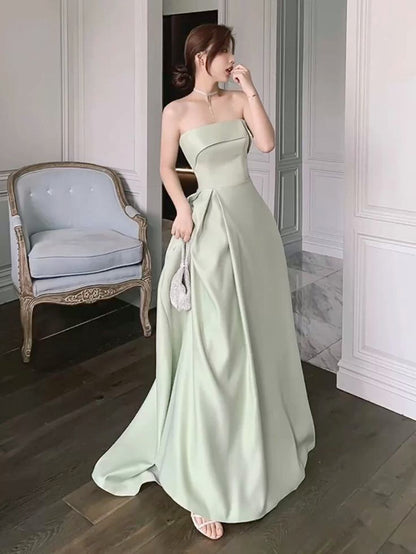 Cute A line Strapless Long Length Mint Green Prom Dresses Satin Birthday Dress P2421