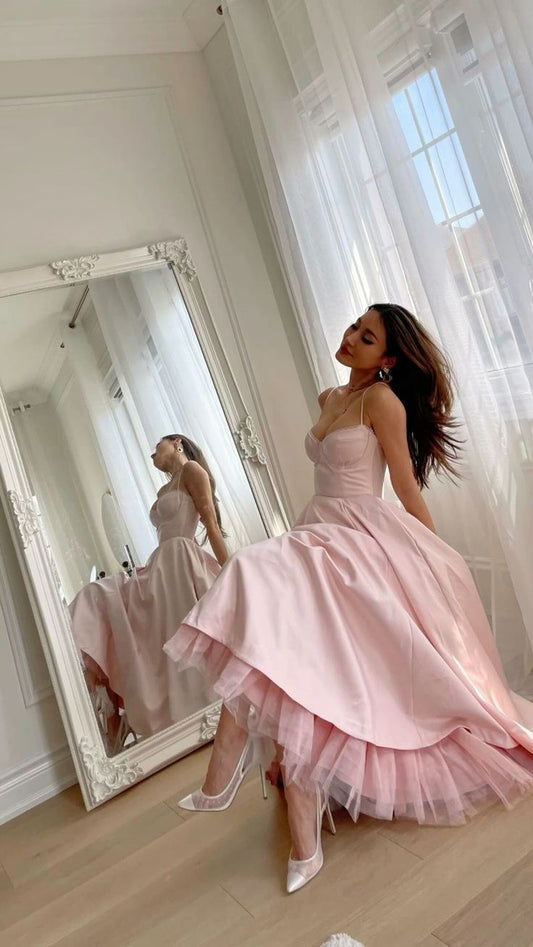 Simple A line Spaghetti Straps Pink Satin Prom Dresses Tea Length Birthday Dress P2426