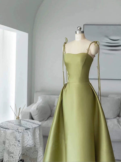 Simple A line Olive Green Long Satin Prom Dresses With Ruffles P2435