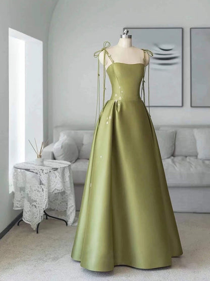 Simple A line Olive Green Long Satin Prom Dresses With Ruffles P2435