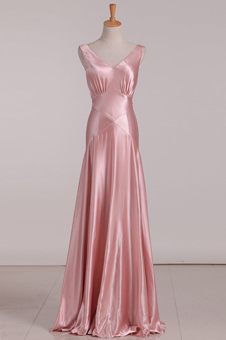 Vintage Mermaid V Neckline Pink Satin Long Prom Dresses Party Evening Dress P2456
