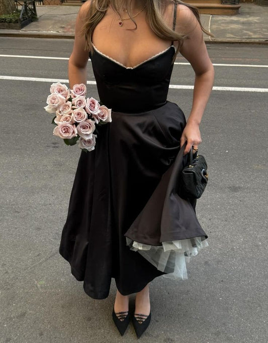 Vintage A Line Straps Black Satin Prom Dresses Party Evening Dress P2458