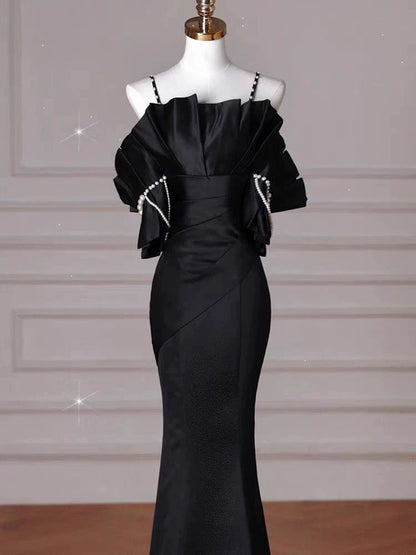 Sexy Mermaid Spaghetti Straps Black Long Formal Dress Satin Prom Dress P2461