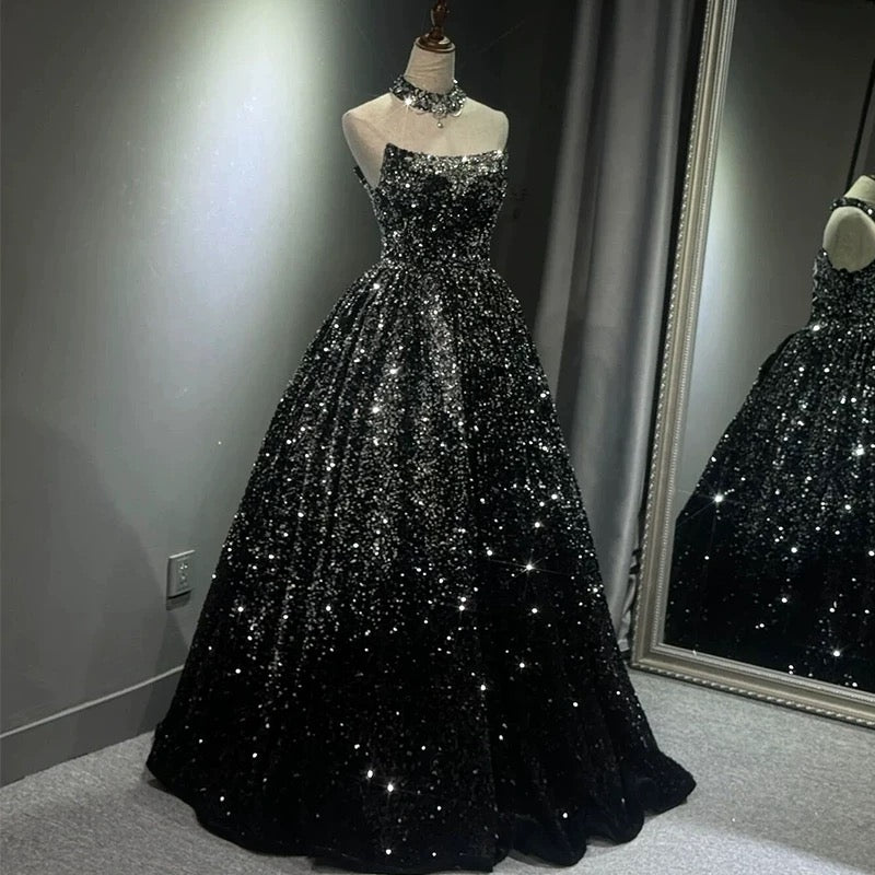 Pretty Ball Gown Strapless Black Sequin Prom Dresses Evening Dress P2463