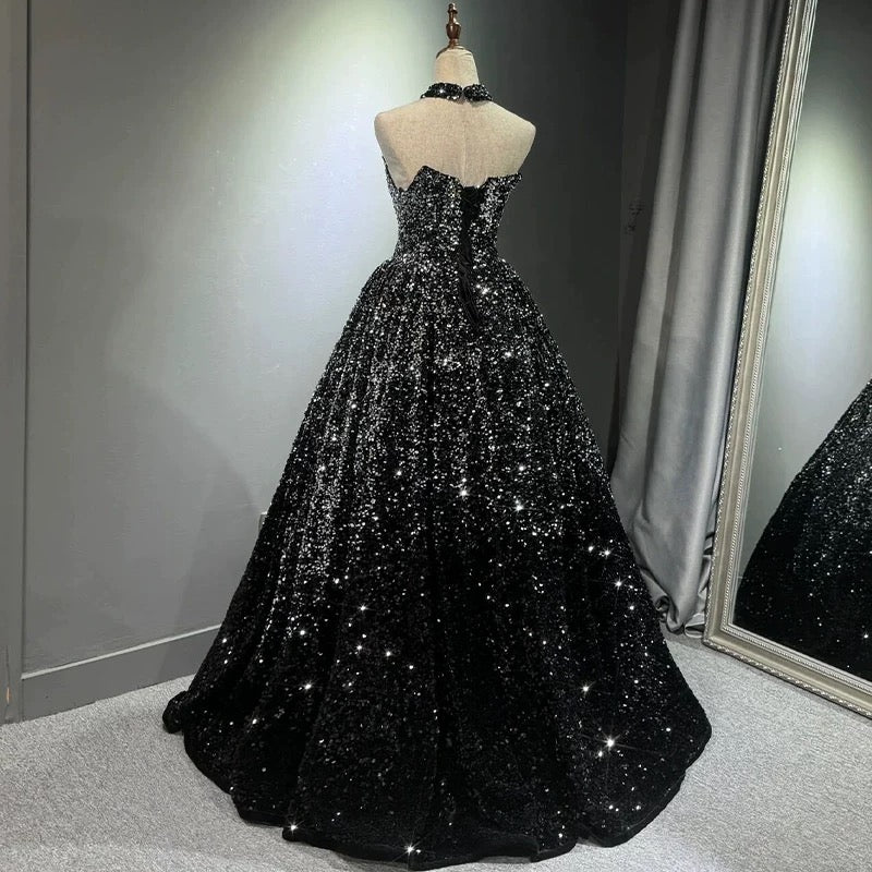 Pretty Ball Gown Strapless Black Sequin Prom Dresses Evening Dress P2463