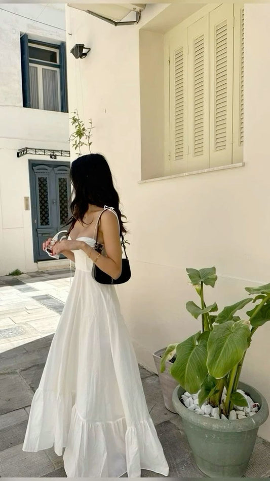 Vintage A Line Spaghetti Straps White Ruffles Long Prom Dress Formal Dresses P2475
