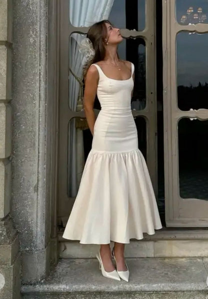 Vintage Mermaid Square Neckline White Ruffles Long Prom Dress Formal Dresses P2476
