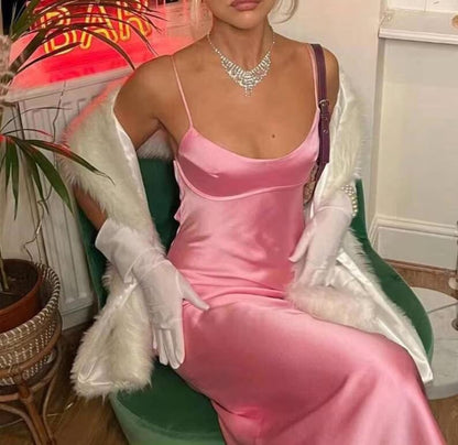 Simple A line Straps Sleeveless Party Dress Silk Satin Pink Prom Dress P845