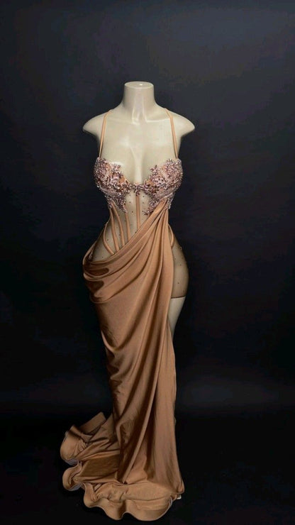 Sexy Mermaid Straps Slit Velvet Prom Dress P985
