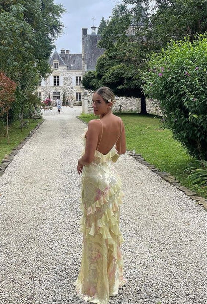 Modest Sheath Straps Chiffon Yellow Prom Dresses P994