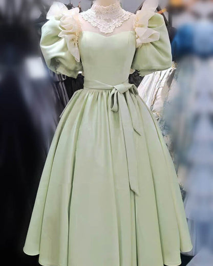 80s Style Puffy Sleeve Lace High Neck Midi Dress