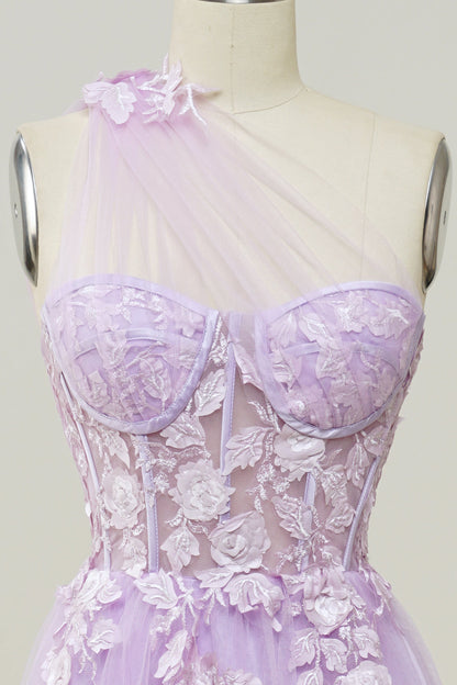 Elegant A Line One Shoulder Purple Long Prom Dress with Appliques Beautiful