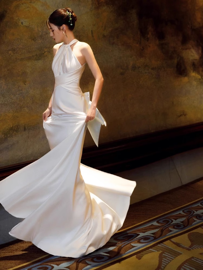 Simple Mermaid Halter Party Dresses Long White Prom Dresses P731