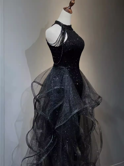 Vintage A line Halter Black Party Dresses Sequin Prom Dresses P946