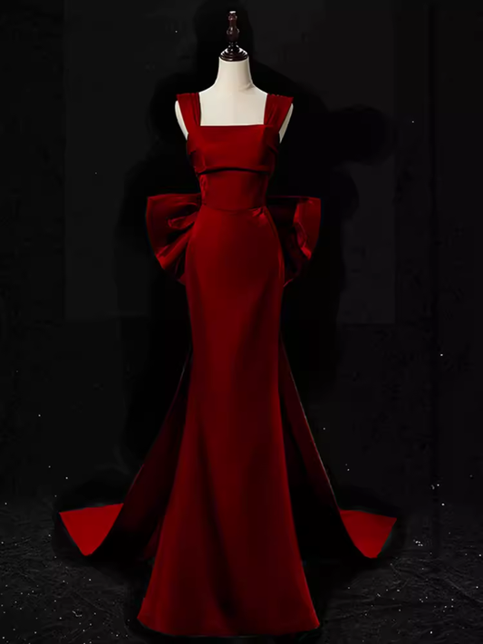 Modest Mermaid Straps Long Sleeveless Red Prom Dresses P1231