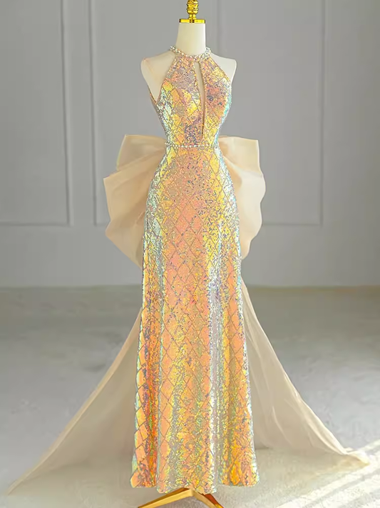 Sparkle A line Scoop Neckline Sequin Gold Long Prom Dress P1370