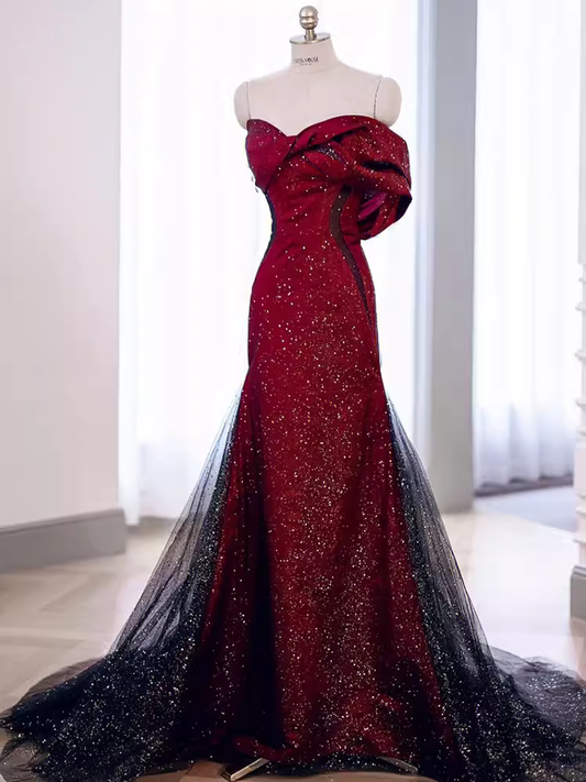 Mermaid Strapless Long Burgundy Prom Dress P1421