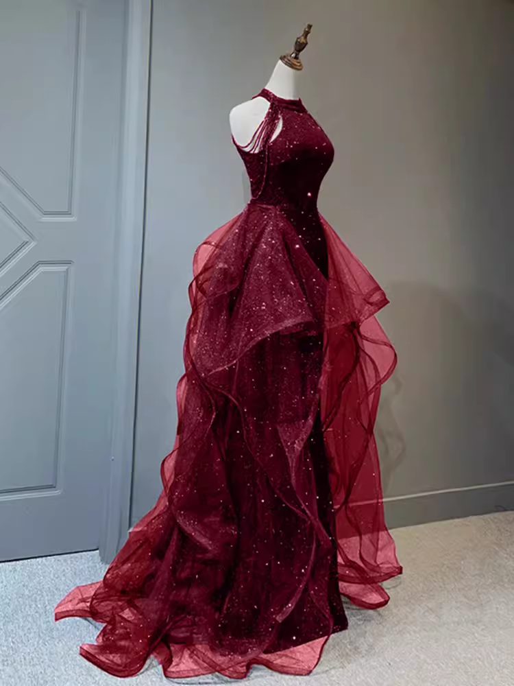 Sparkly Sheath Burgundy Sequin Long Prom Dress Party Dresses P1612