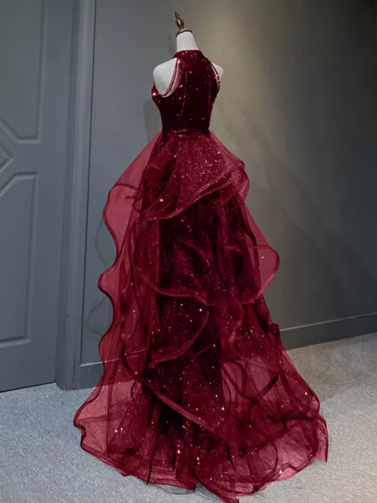 Sparkly Sheath Burgundy Sequin Long Prom Dress Party Dresses P1612