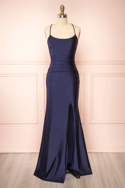 Sexy Mermaid Halter Sleeveless Navy Blue Long Prom Dresses P497
