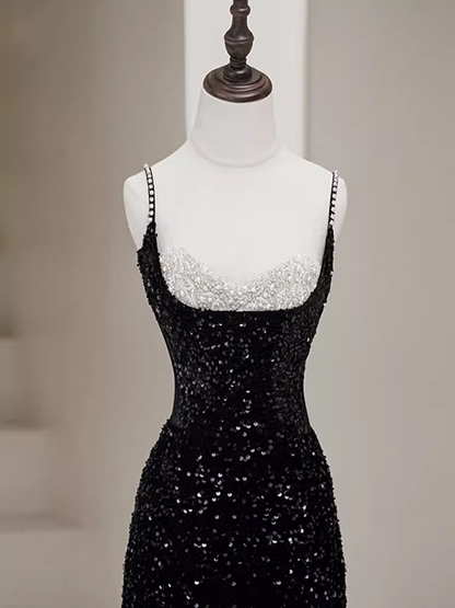 Mermaid Straps Long Black Sequin Prom Dresses P1920