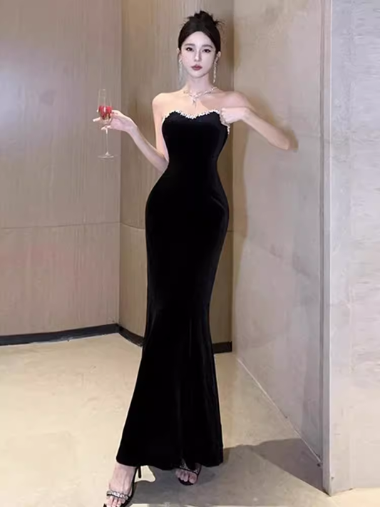 Mermaid Sweetheart Long Black Velvet Prom Dresses P1922