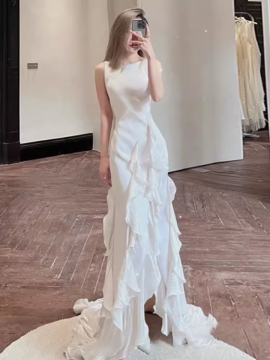 Simple Sheath Long White Prom Dresses P1924