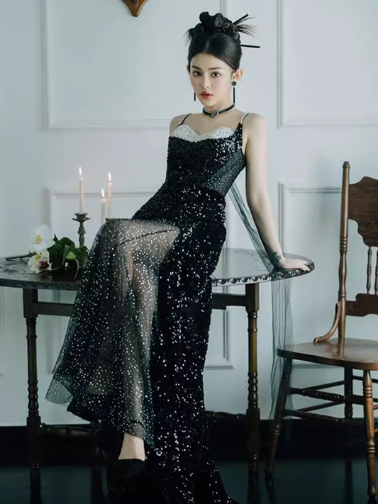Mermaid Straps Long Black Sequin Slit Prom Dresses P1921