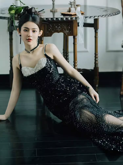 Mermaid Straps Long Black Sequin Slit Prom Dresses P1921