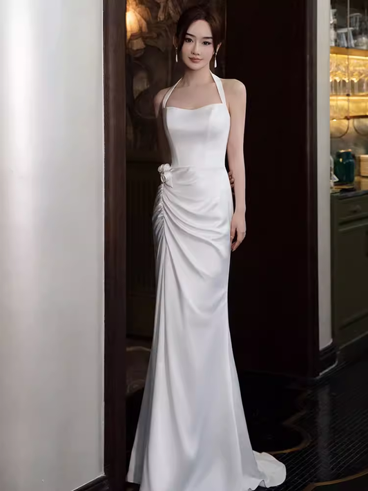 Simple Mermaid Halter Long White Prom Dresses P1925