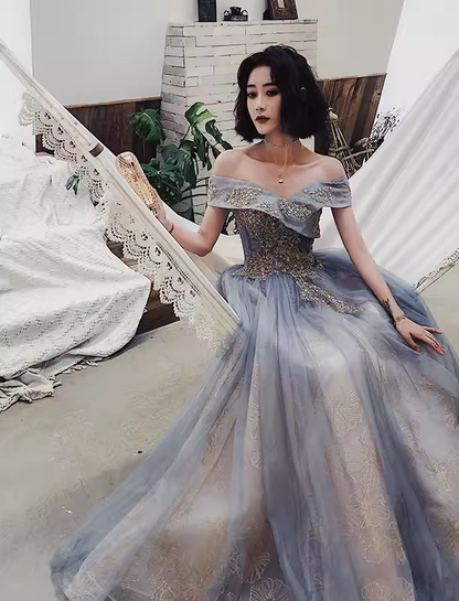A line Off The Shoulder Gray Prom Dresses Long Evening Dress P2027