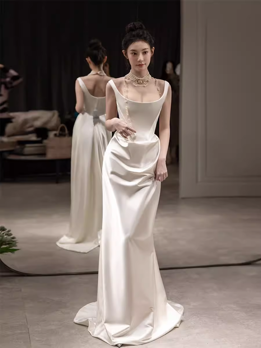 Simple Mermaid Off The Shoulder White Prom Dresses Evening Dress P2065