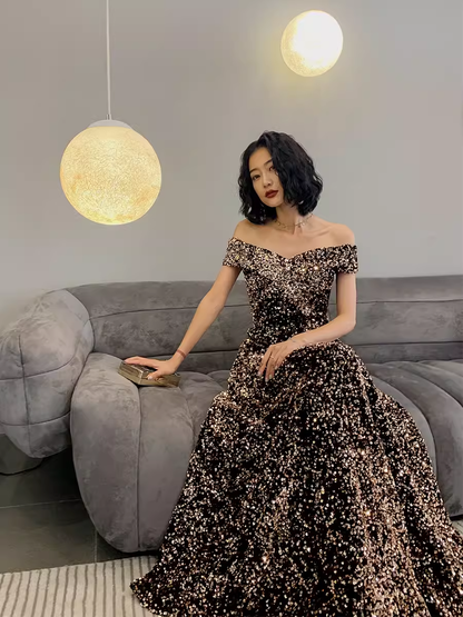 Simple A line Sequin Prom Dresses Evening Dress P2063