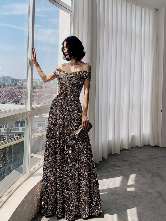 Simple A line Sequin Prom Dresses Evening Dress P2063