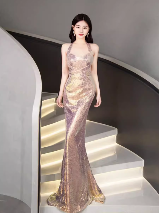 Mermaid Halter Sequin Backless Prom Dresses Evening Dress P2062