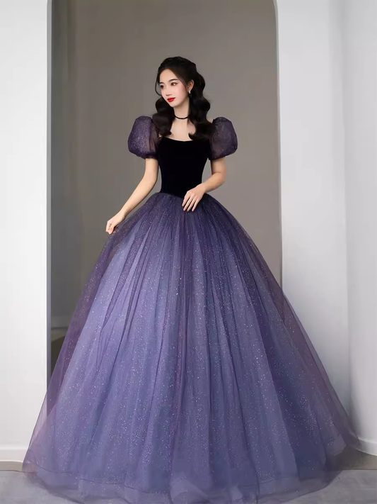 Simple A Line Grape Tulle Prom Dresses Evening Dress P2153
