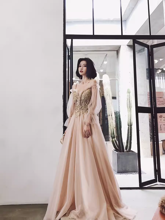 Simple A Line Long Sleeves Champagne Tulle Prom Dresses Evening Dress P2150