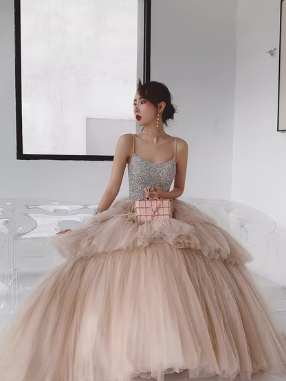 Simple Ball Gown Champagne Tulle Prom Dresses Evening Dress P2151