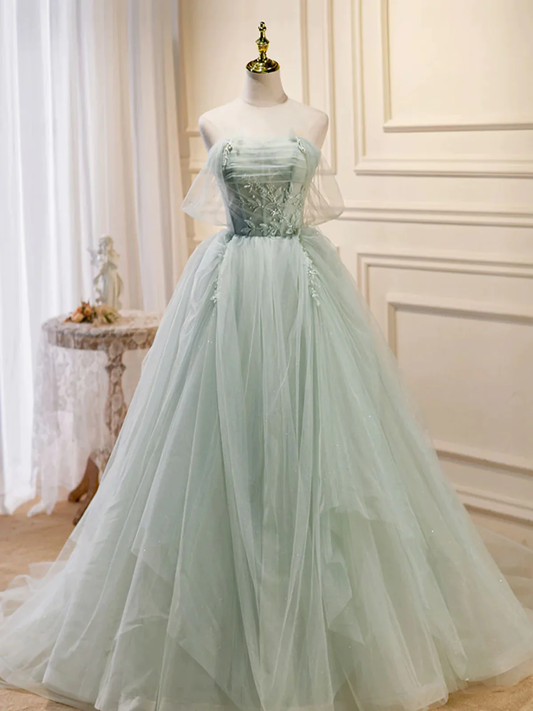 Off the Shoulder Green Tulle Long Prom Dresses P2199