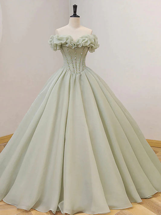 Off the Shoulder Green Tulle Beaded Prom Dresses P2204