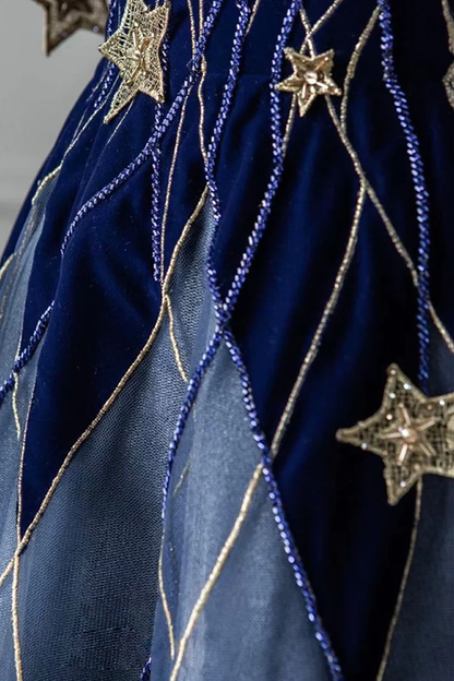 Elegant Navy Blue Spaghetti Strap Long Prom Dress with Star P2228