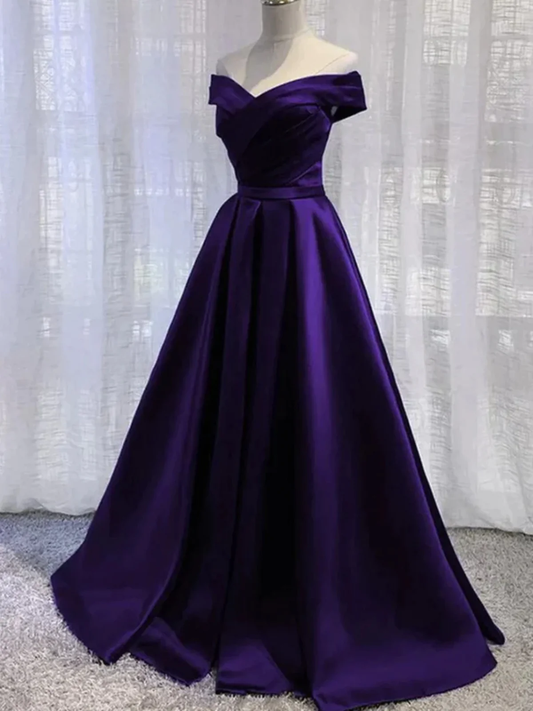 Simple A line Off the Shoulder Purple Satin Long Prom Dresses P2236