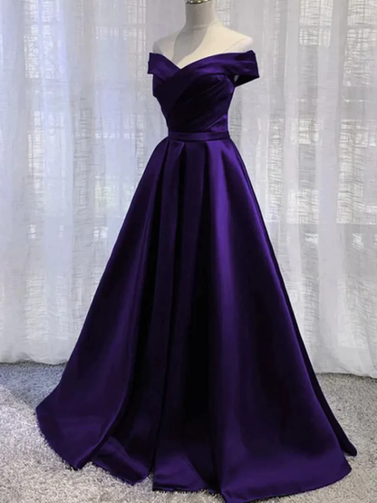 Simple A line Off the Shoulder Purple Satin Long Prom Dresses P2236